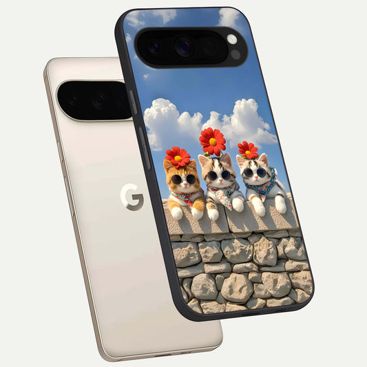  Floral Kitty Squad phone case For Google Pixel 10 Pro XL showing premium glass back cover with detailed artwork