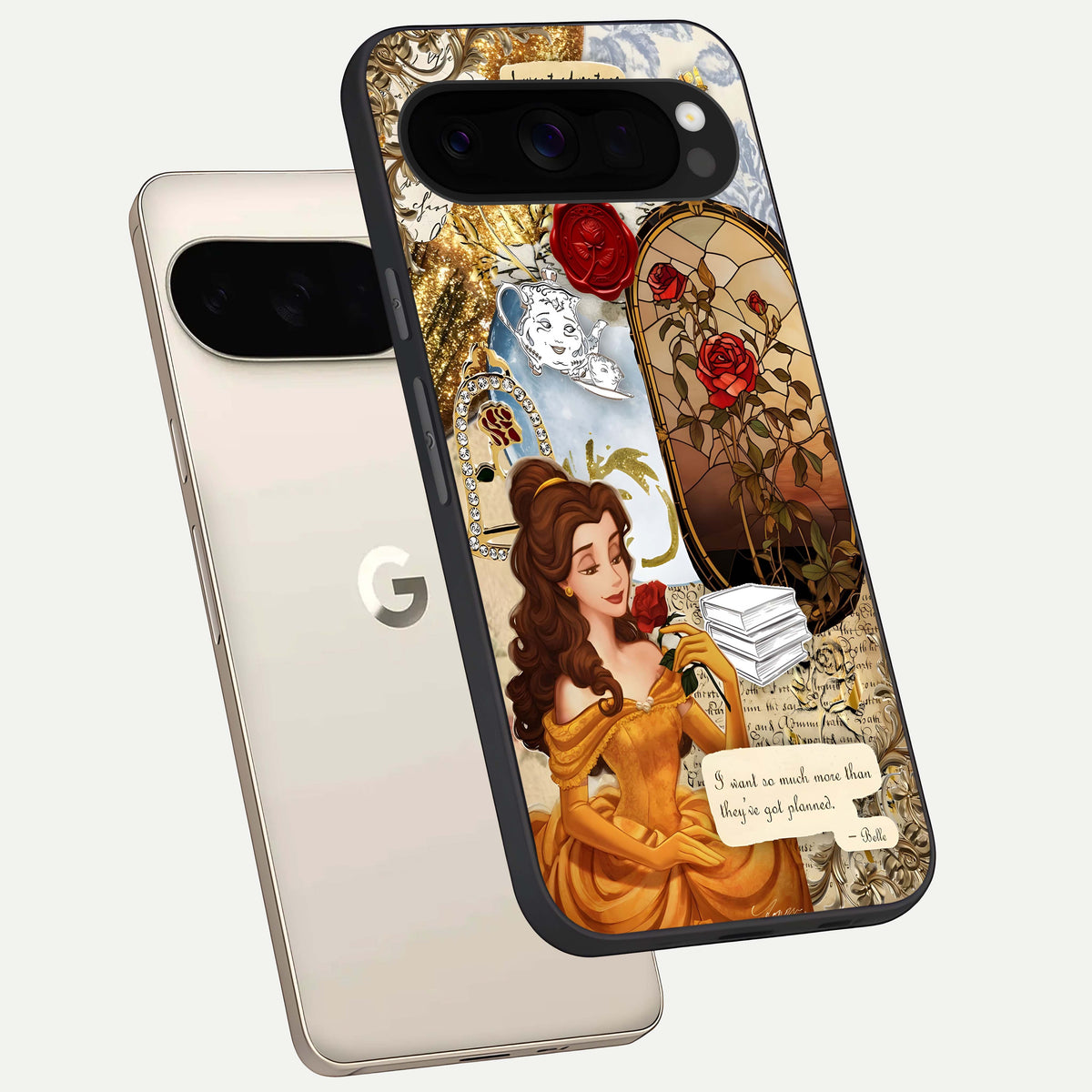  Golden Dream Belle phone case For Google Pixel 10 Pro XL showing premium glass back cover with detailed artwork