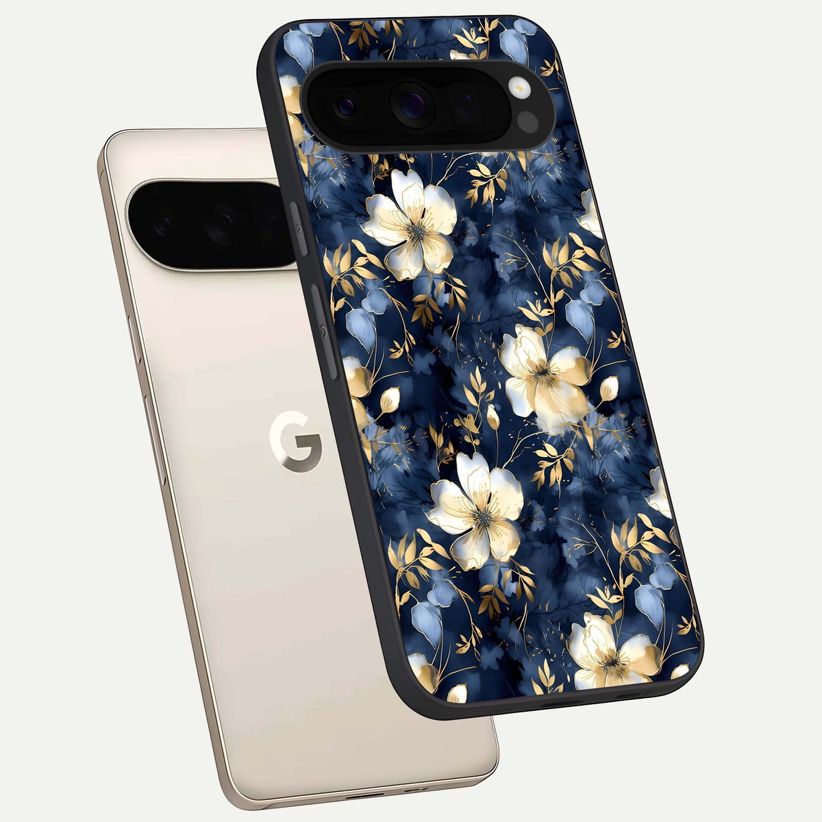  Golden Midnight Bloom phone case For Google Pixel 10 Pro XL showing premium glass back cover with detailed artwork