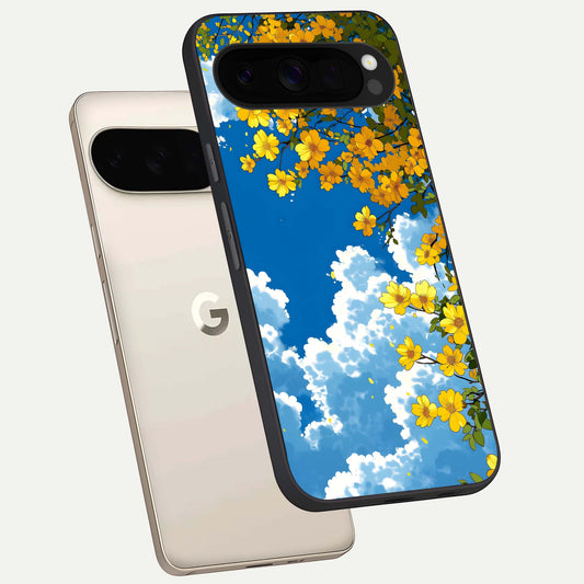  Golden Petal Sky phone case For Google Pixel 10 Pro XL showing premium glass back cover with detailed artwork