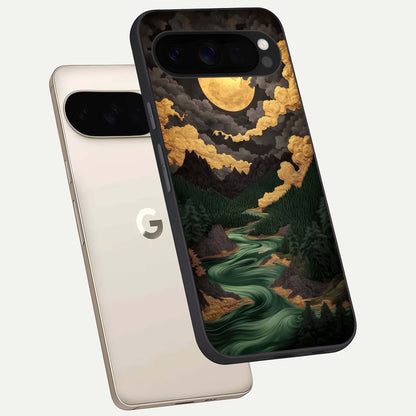  Golden River Moon phone case For Google Pixel 10 Pro XL showing premium glass back cover with detailed artwork