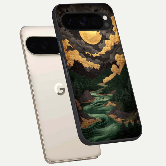  Golden River Moon phone case For Google Pixel 10 Pro XL showing premium glass back cover with detailed artwork