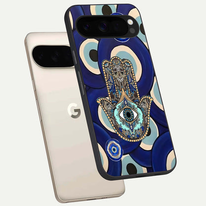  Hamsa Divine Guard phone case For Google Pixel 10 Pro XL showing premium glass back cover with detailed artwork