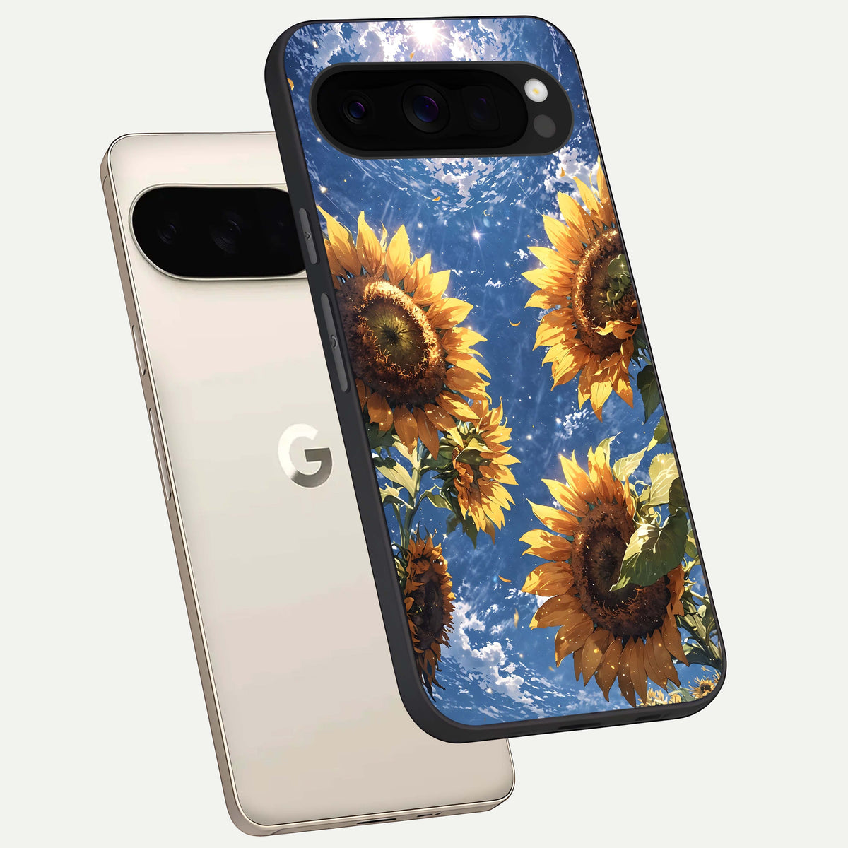  Heavenly Sunflower Rise phone case For Google Pixel 10 Pro XL showing premium glass back cover with detailed artwork