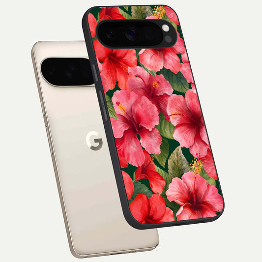  Hibiscus Pattern phone case For Google Pixel 10 Pro XL showing premium glass back cover with detailed artwork