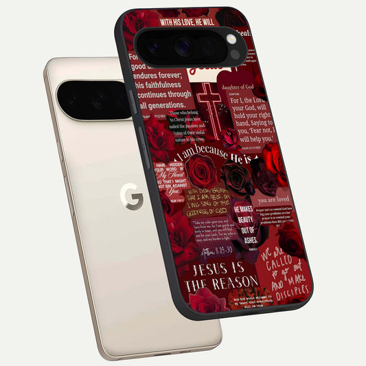  Jesus Love Heals phone case For Google Pixel 10 Pro XL showing premium glass back cover with detailed artwork