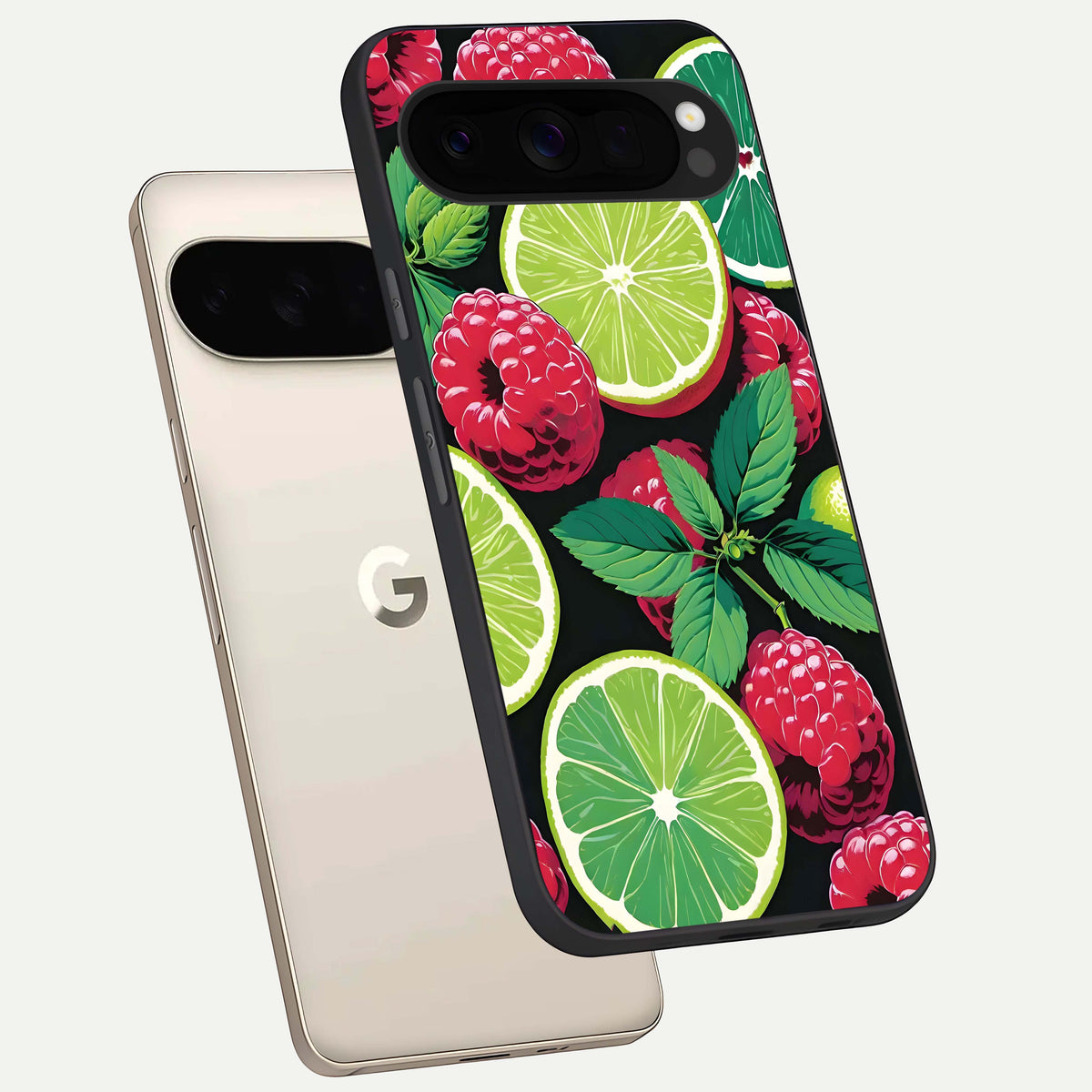  Lime and Raspberry Pattern phone case For Google Pixel 10 Pro XL showing premium glass back cover with detailed artwork