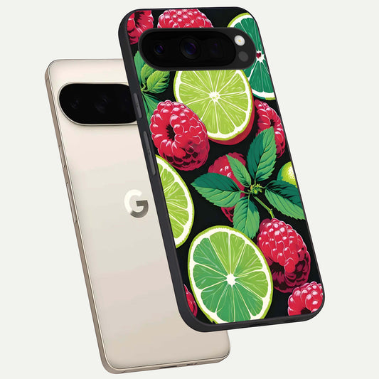  Lime and Raspberry Pattern phone case For Google Pixel 10 Pro XL showing premium glass back cover with detailed artwork
