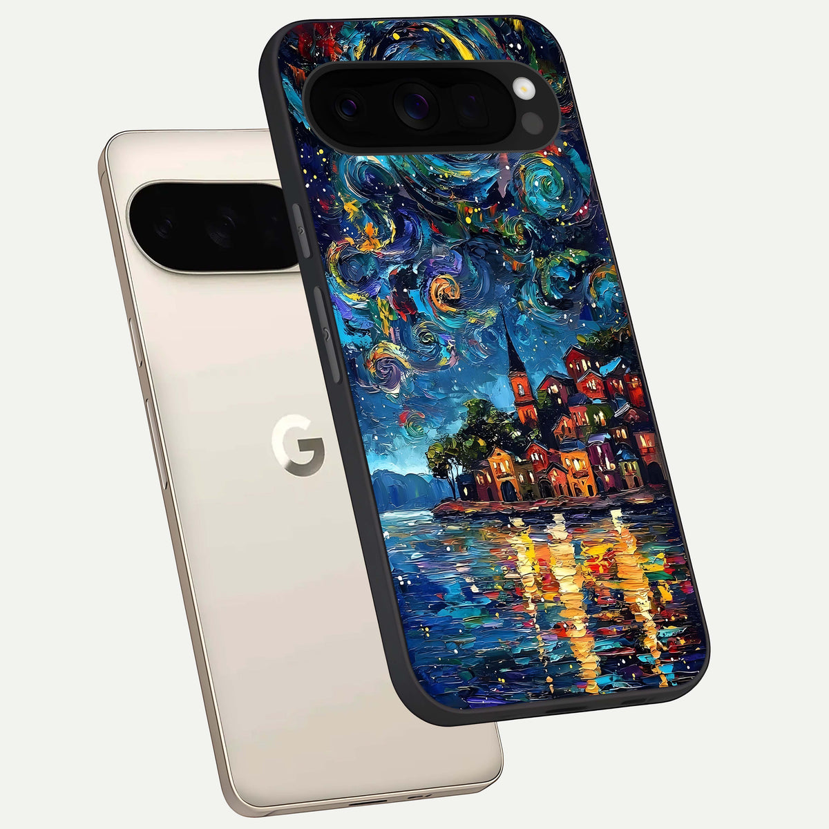  Moonlight Harbor Glow phone case For Google Pixel 10 Pro XL showing premium glass back cover with detailed artwork