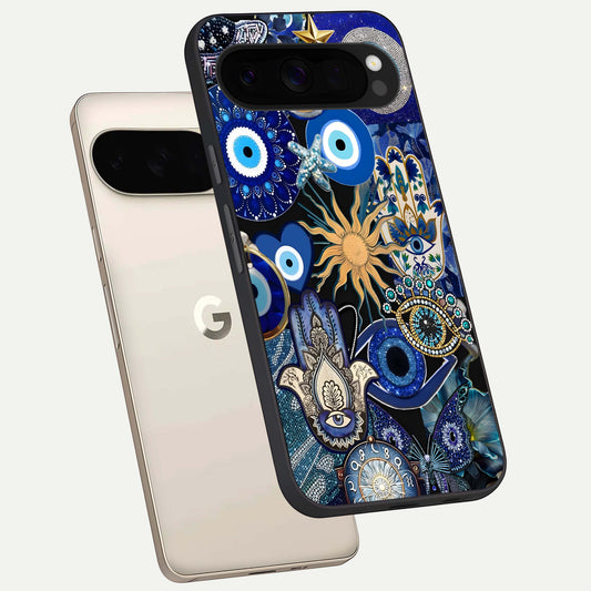  Mystic Blue Evil Eye phone case For Google Pixel 10 Pro XL showing premium glass back cover with detailed artwork