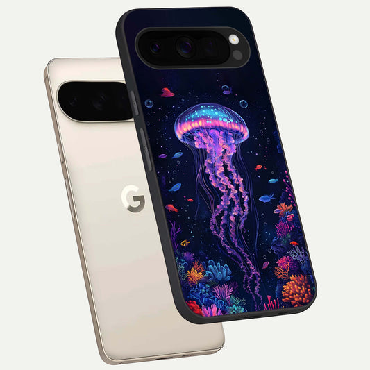  Neon Jellyfish phone case For Google Pixel 10 Pro XL showing premium glass back cover with detailed artwork