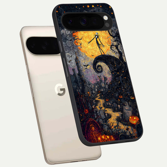  Pumpkin Moon Night phone case For Google Pixel 10 Pro XL showing premium glass back cover with detailed artwork