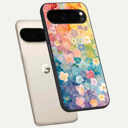 Rainbow Blossom Burst phone case For Google Pixel 10 Pro XL showing premium glass back cover with detailed artwork