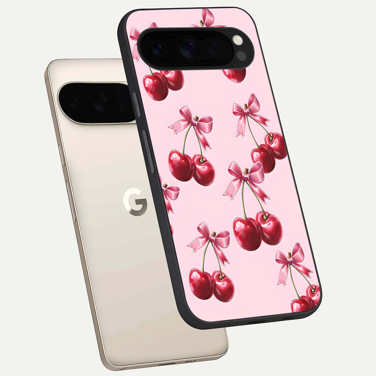  Red Cherries Pattern phone case For Google Pixel 10 Pro XL showing premium glass back cover with detailed artwork