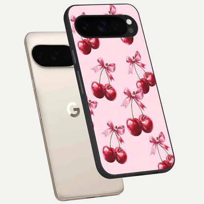  Red Cherries Pattern phone case For Google Pixel 10 Pro XL showing premium glass back cover with detailed artwork