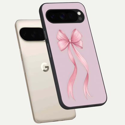  Soft Blush Bow phone case For Google Pixel 10 Pro XL showing premium glass back cover with detailed artwork