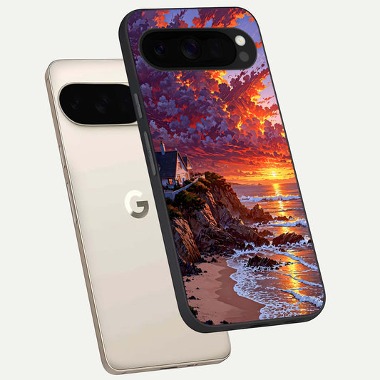  Sunset House By Sea phone case For Google Pixel 10 Pro XL showing premium glass back cover with detailed artwork