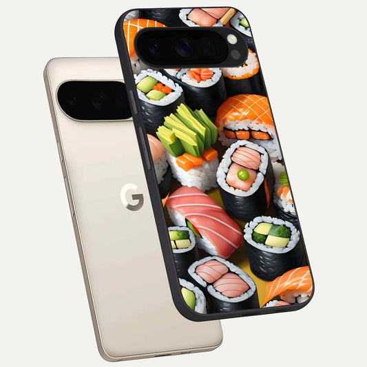  Sushi Food Pattern phone case For Google Pixel 10 Pro XL showing premium glass back cover with detailed artwork