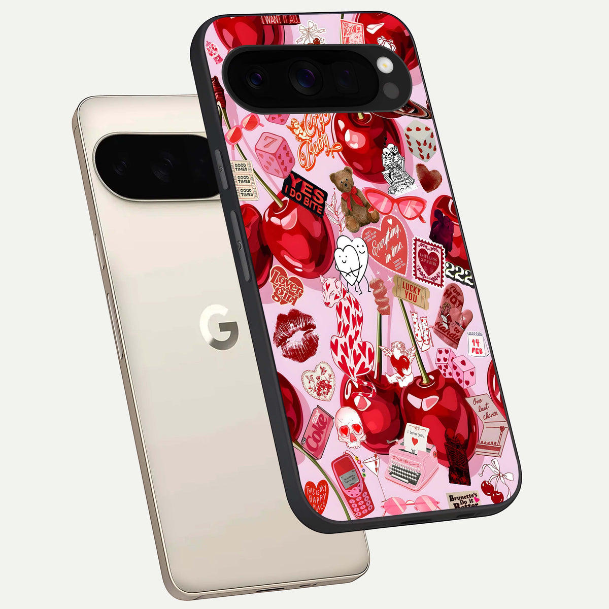  Sweet Cherry Chaos phone case For Google Pixel 10 Pro XL showing premium glass back cover with detailed artwork