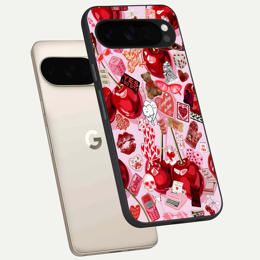  Sweet Cherry Chaos phone case For Google Pixel 10 Pro XL showing premium glass back cover with detailed artwork