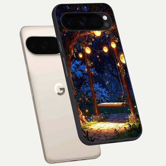  Twilight Garden Swing phone case For Google Pixel 10 Pro XL showing premium glass back cover with detailed artwork