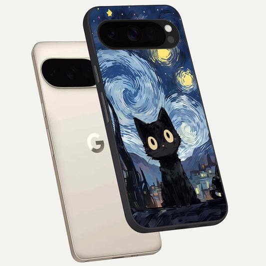  Van Gogh Cat phone case For Google Pixel 10 Pro XL showing premium glass back cover with detailed artwork