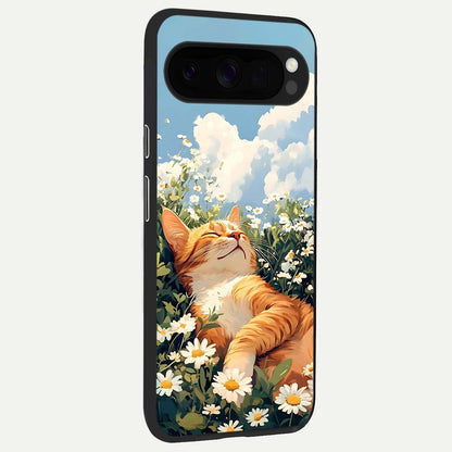 Cat And Flowers View back cover For Google Pixel 10 Pro XL slim fit glass case with vibrant aesthetic design