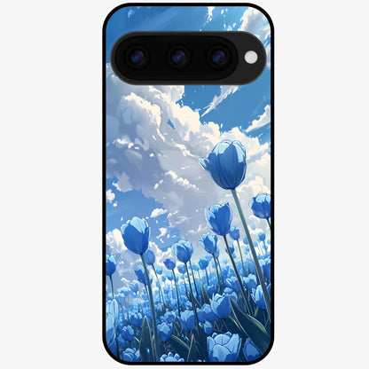  Blue Tulip Clouds Glass Case For Google Pixel 11 back cover – full design glossy printed glass finish
