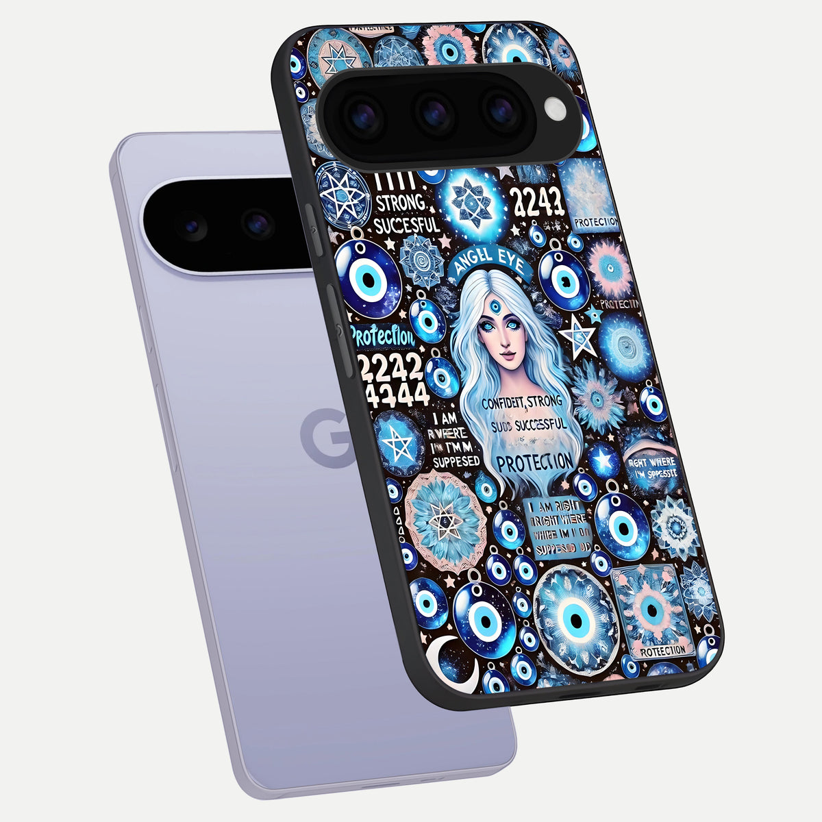  Angel Aura Shield phone case For Google Pixel 11 showing premium glass back cover with detailed artwork