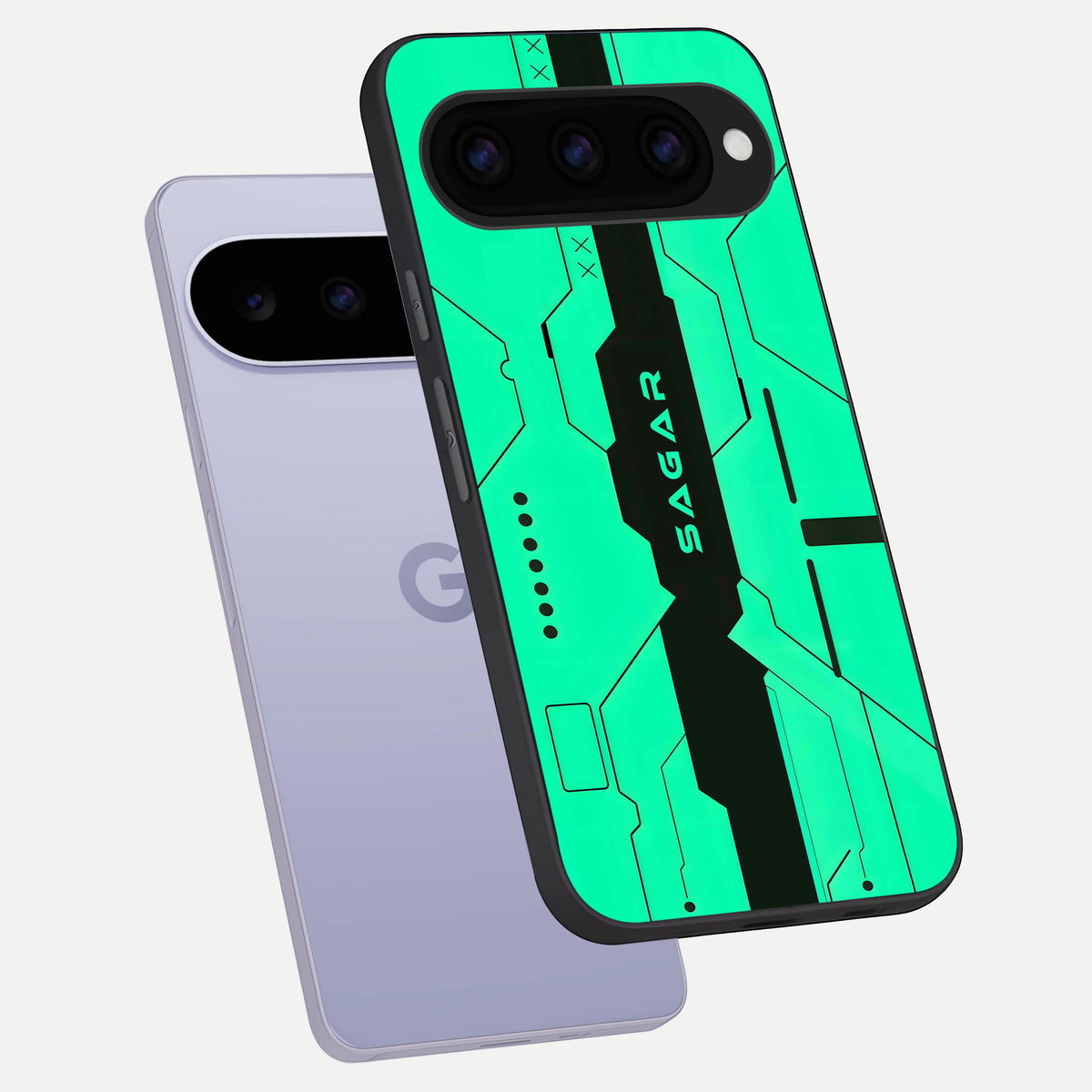  Aqua Tech CYBERPUNK Custom Name phone case For Google Pixel 11 showing premium glass back cover with detailed artwork
