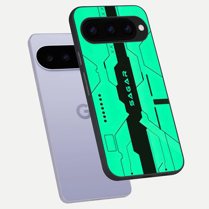  Aqua Tech CYBERPUNK Custom Name phone case For Google Pixel 11 showing premium glass back cover with detailed artwork
