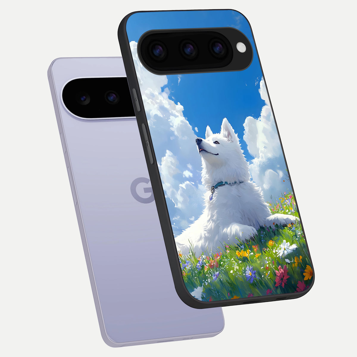  Blissful Cloud Pup phone case For Google Pixel 11 showing premium glass back cover with detailed artwork