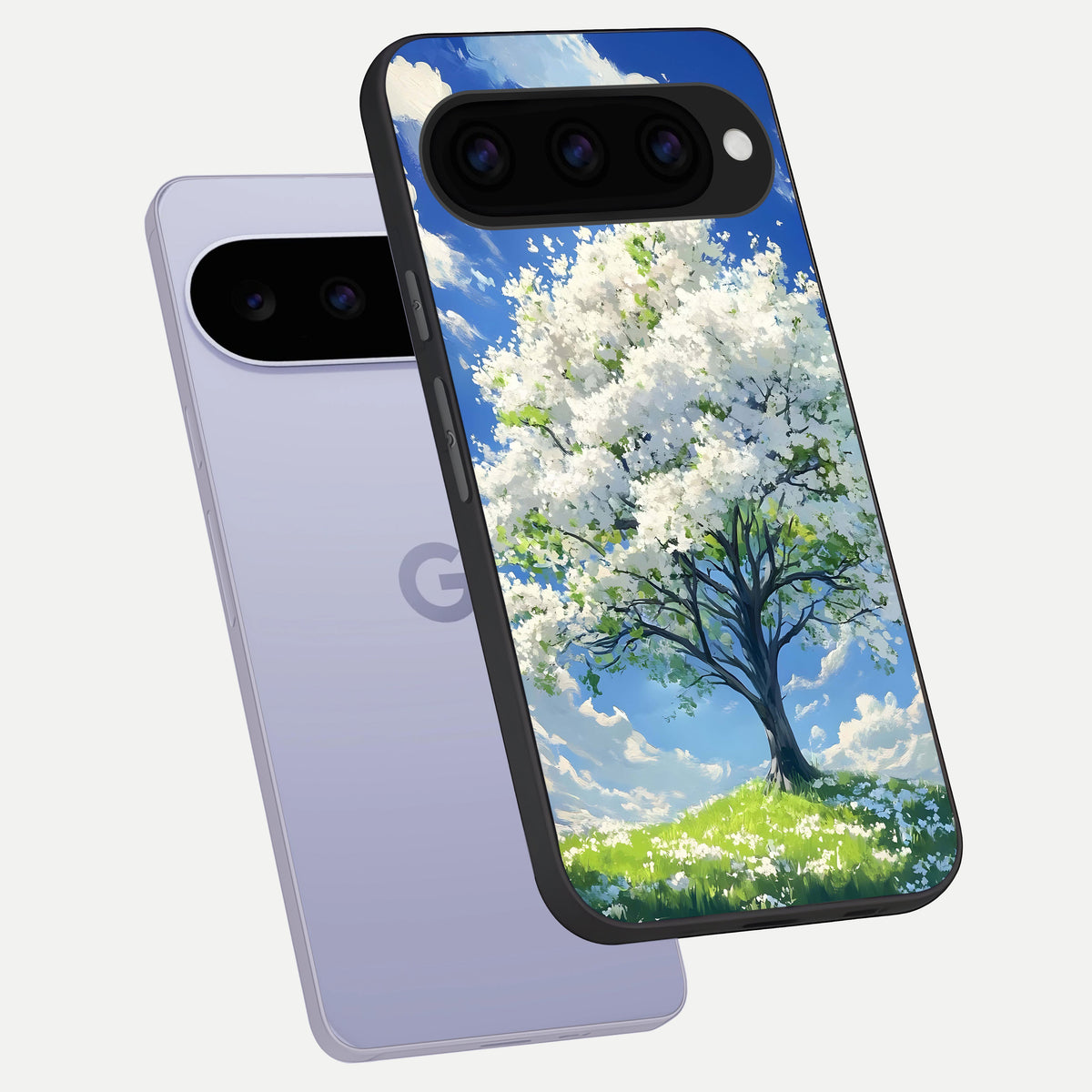  Blossom Sky Serenity phone case For Google Pixel 11 showing premium glass back cover with detailed artwork