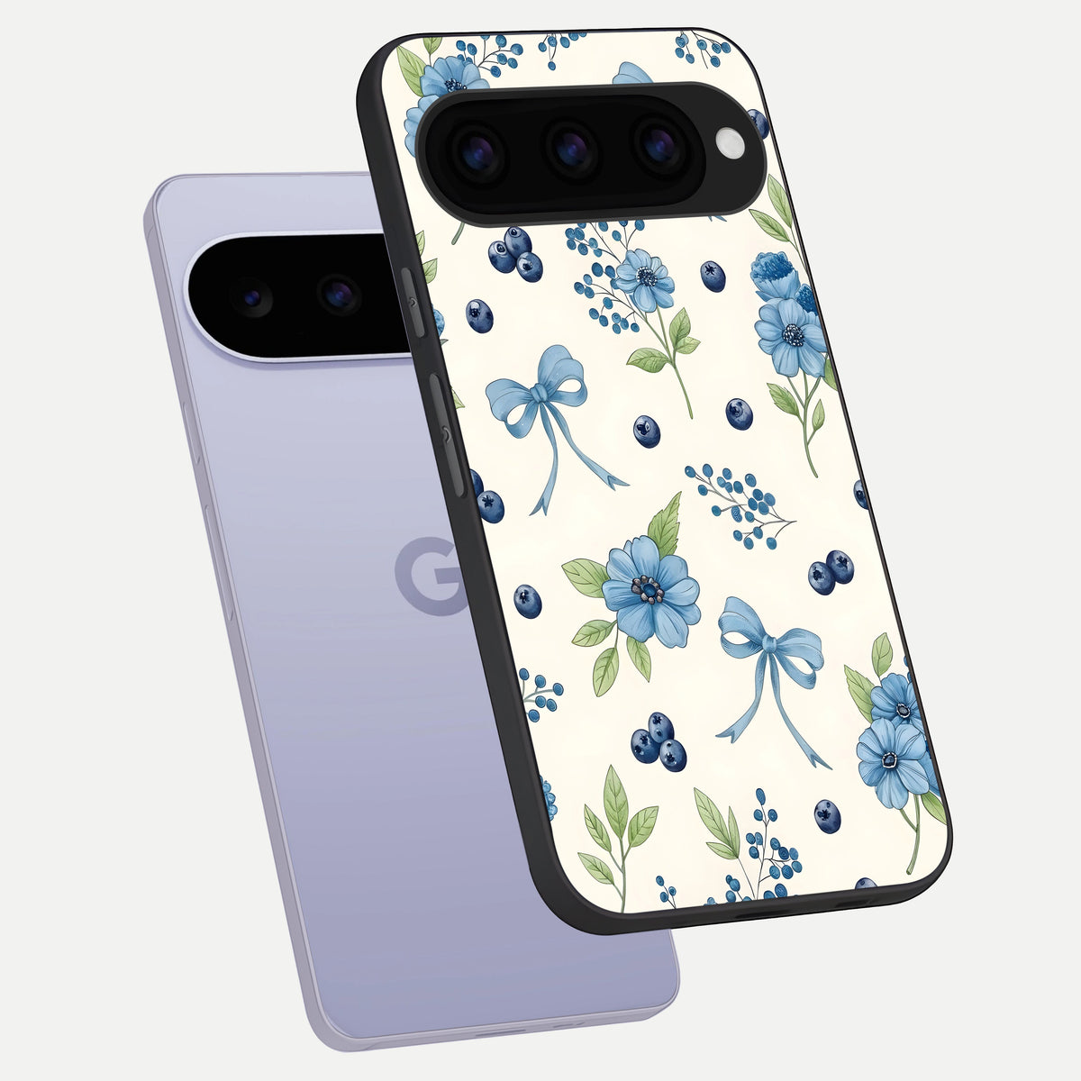  Blue Flower And Bow phone case For Google Pixel 11 showing premium glass back cover with detailed artwork