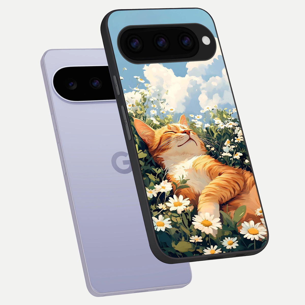  Cat And Flowers View phone case For Google Pixel 11 showing premium glass back cover with detailed artwork