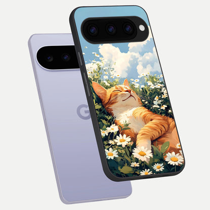  Cat And Flowers View phone case For Google Pixel 11 showing premium glass back cover with detailed artwork