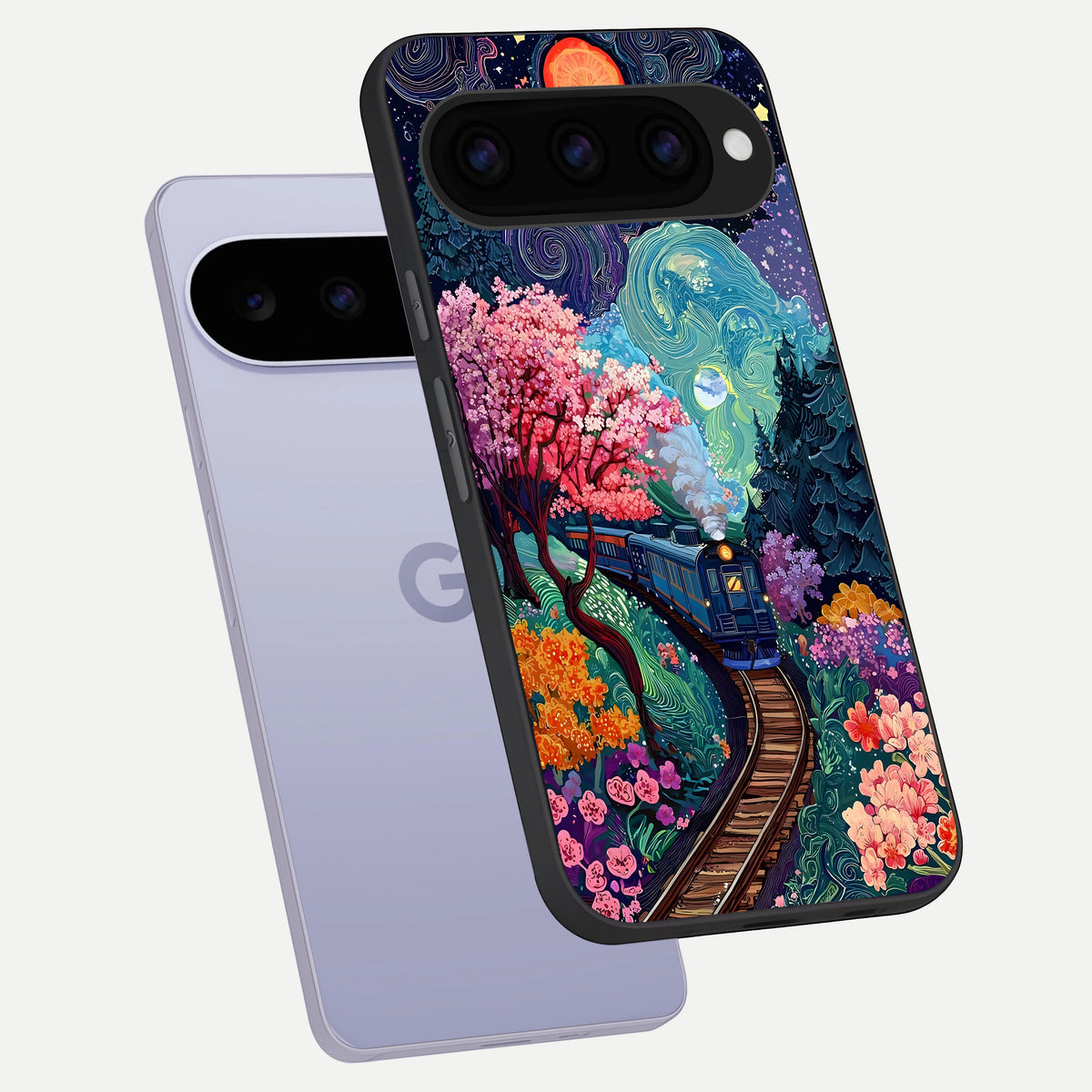  Celestial Train Journey phone case For Google Pixel 11 showing premium glass back cover with detailed artwork