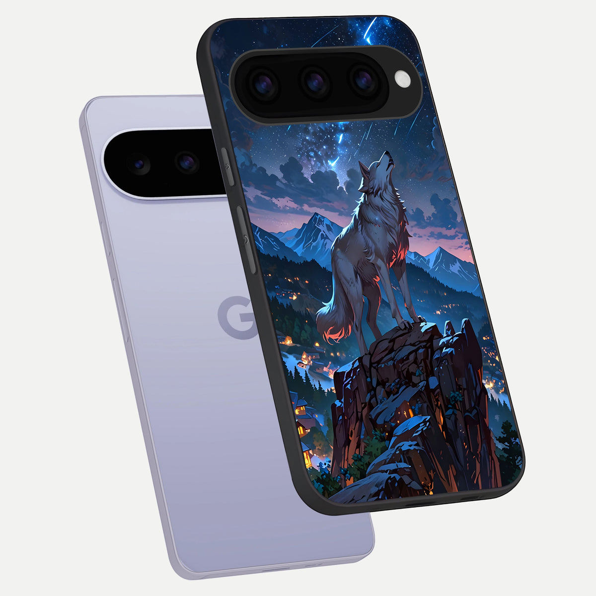  Celestial Wolf Howl phone case For Google Pixel 11 showing premium glass back cover with detailed artwork