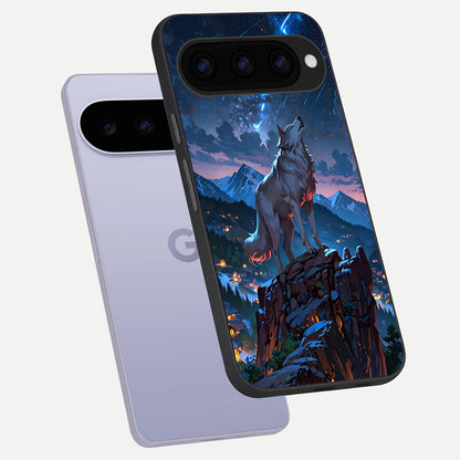  Celestial Wolf Howl phone case For Google Pixel 11 showing premium glass back cover with detailed artwork