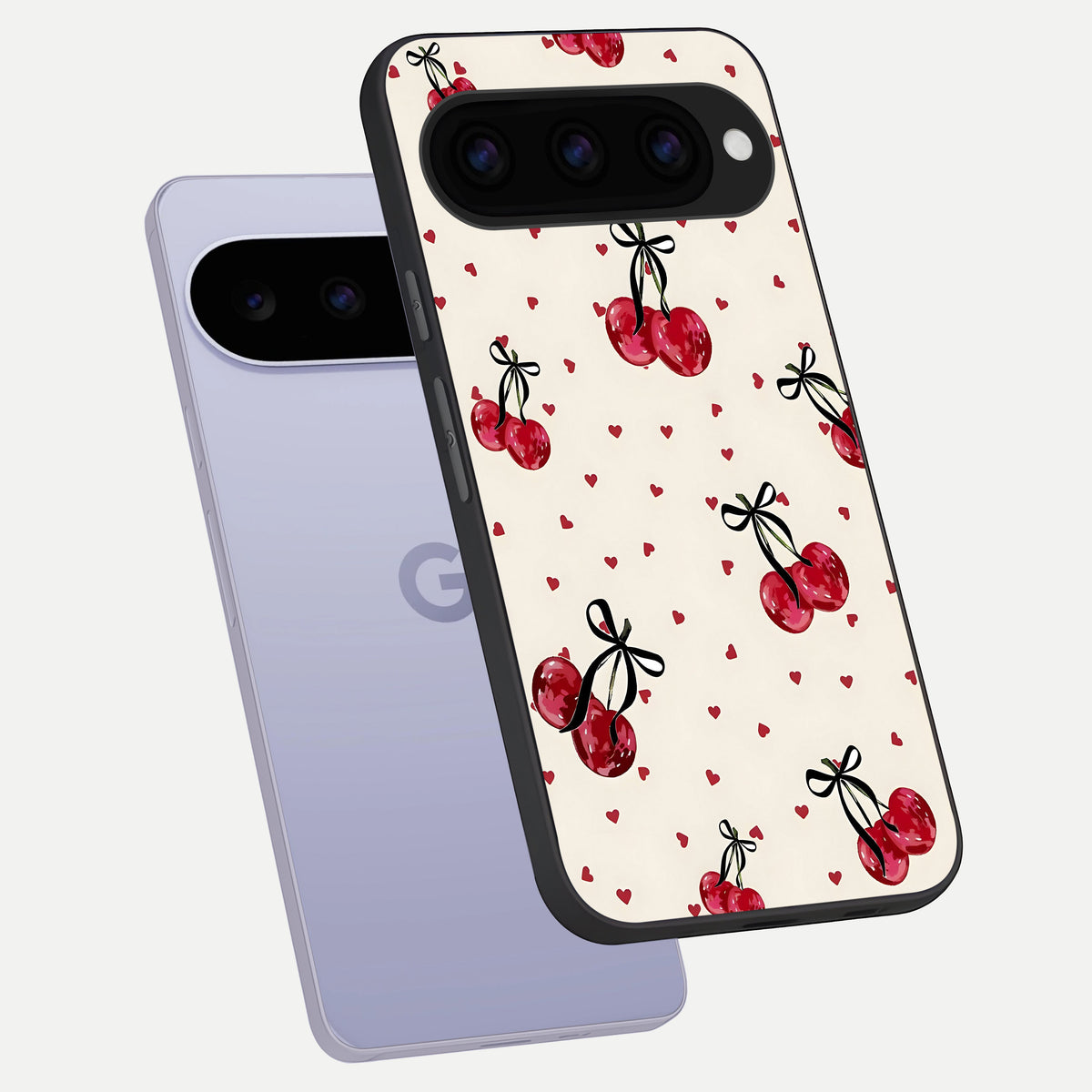  Cherry Heart Bow phone case For Google Pixel 11 showing premium glass back cover with detailed artwork