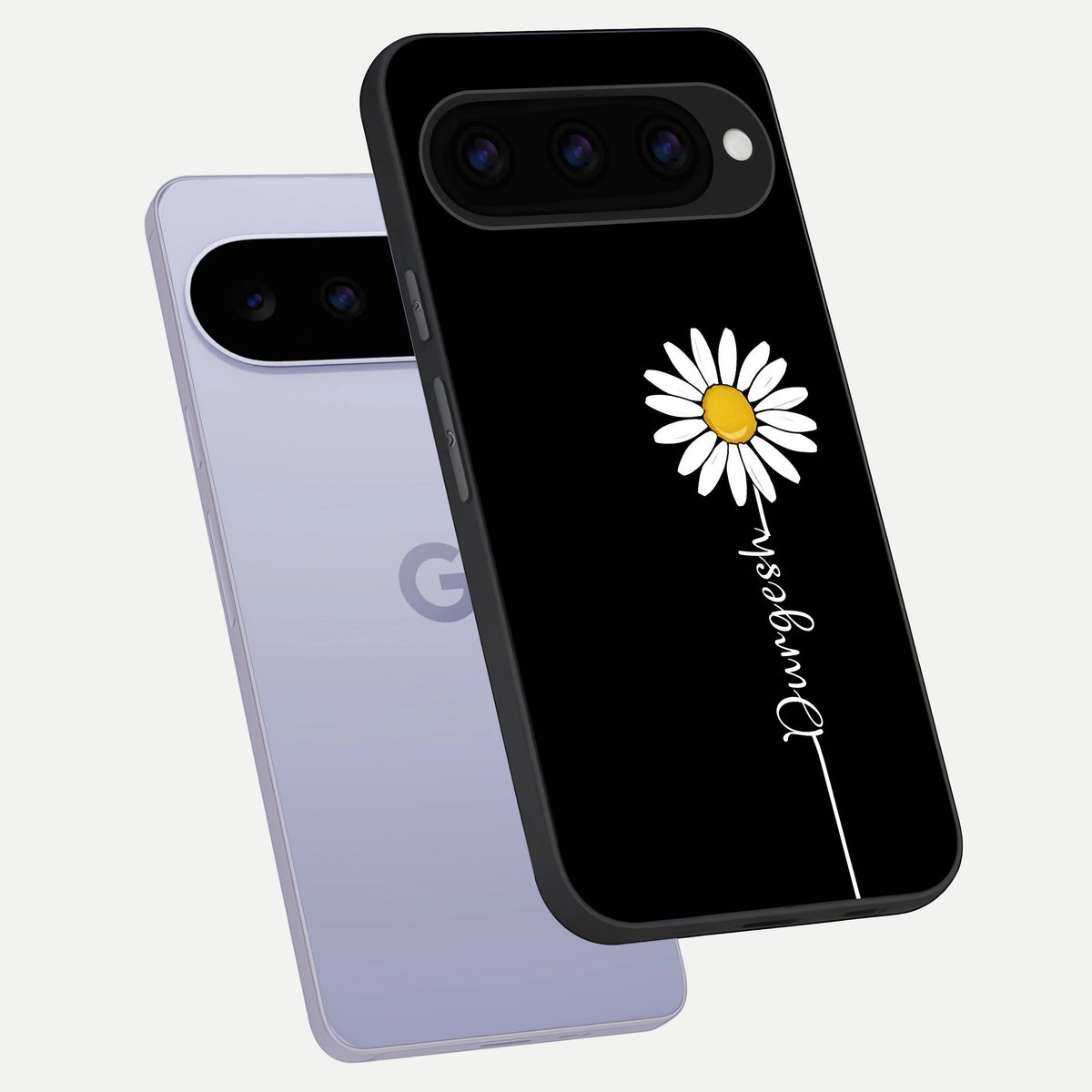  Custom Name White Flower phone case For Google Pixel 11 showing premium glass back cover with detailed artwork