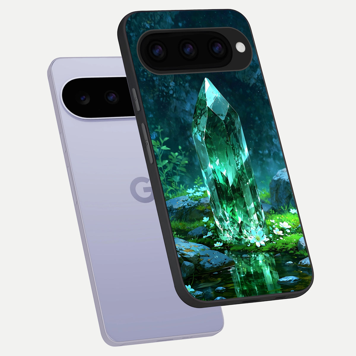  Emerald Light Crystal phone case For Google Pixel 11 showing premium glass back cover with detailed artwork