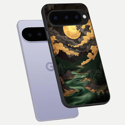  Golden River Moon phone case For Google Pixel 11 showing premium glass back cover with detailed artwork