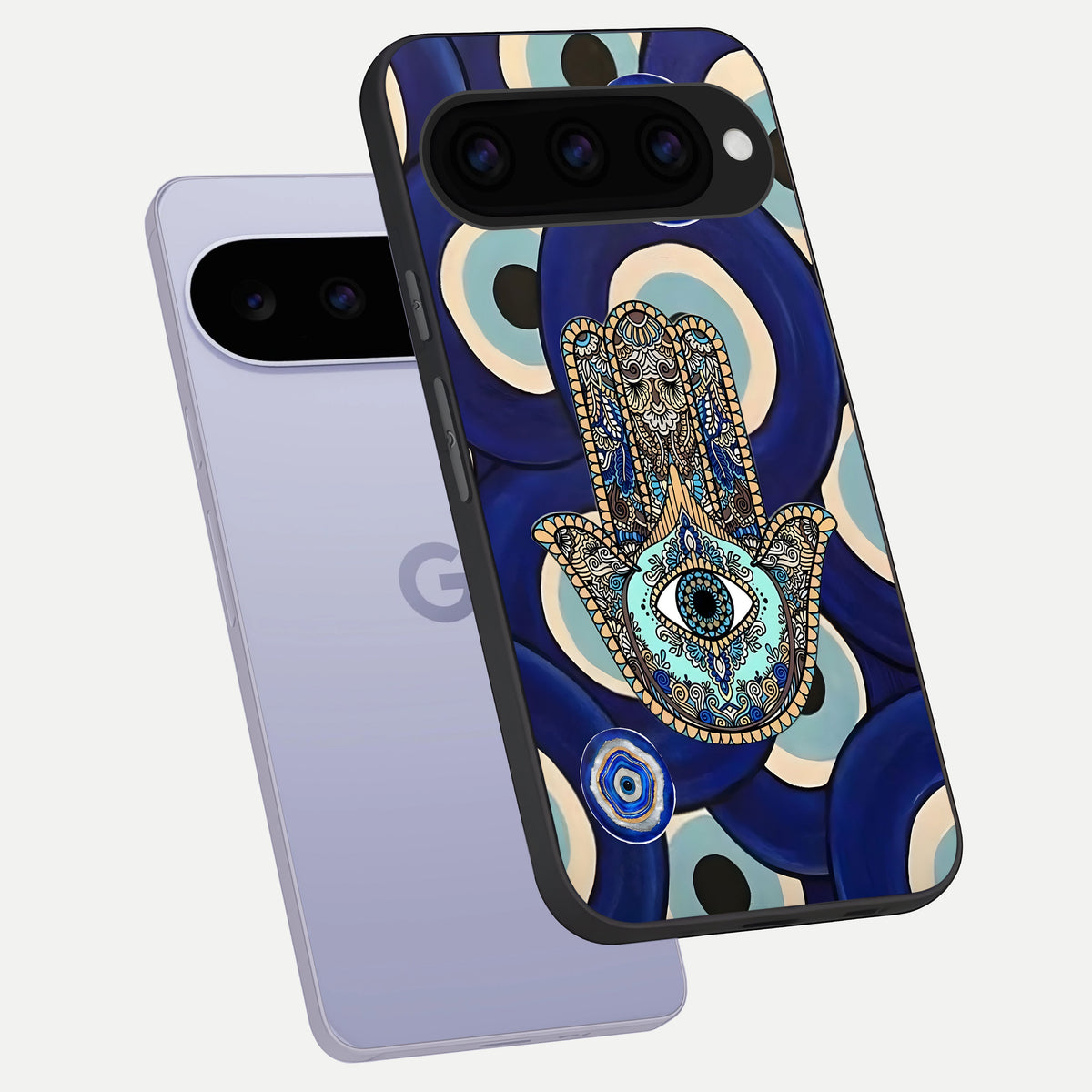 Hamsa Divine Guard phone case For Google Pixel 11 showing premium glass back cover with detailed artwork