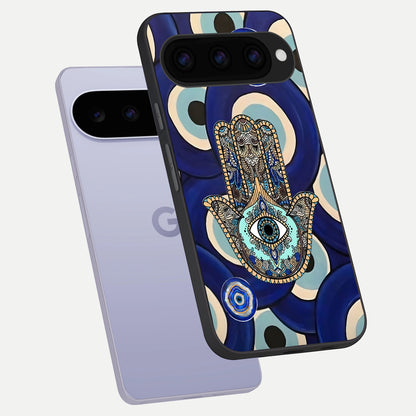  Hamsa Divine Guard phone case For Google Pixel 11 showing premium glass back cover with detailed artwork