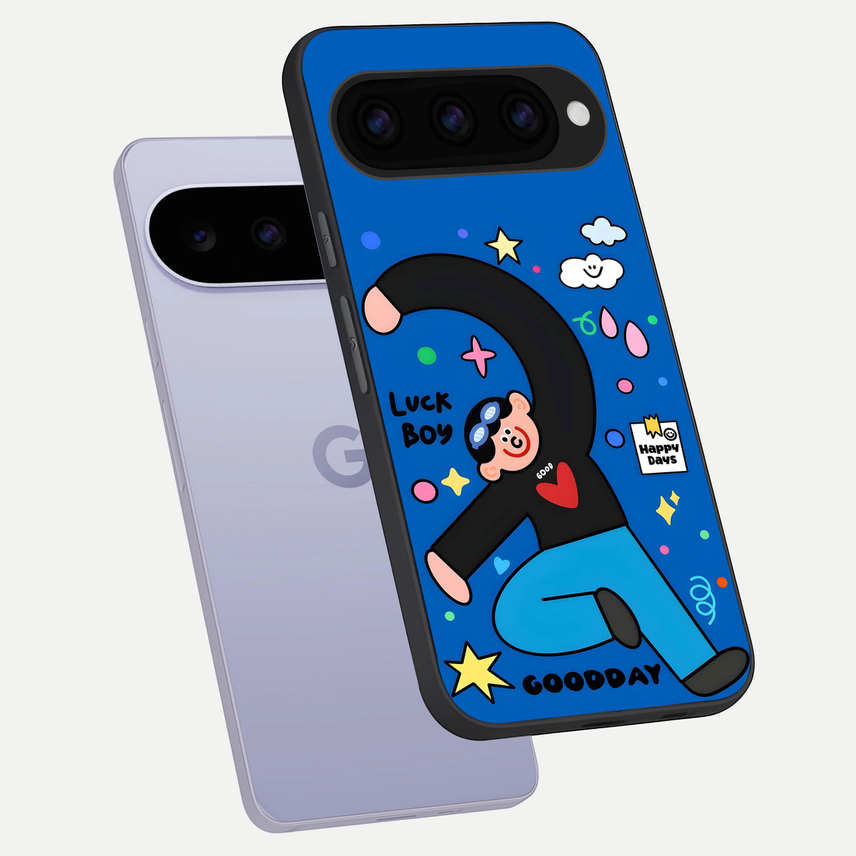  Happy Luck Vibe phone case For Google Pixel 11 showing premium glass back cover with detailed artwork