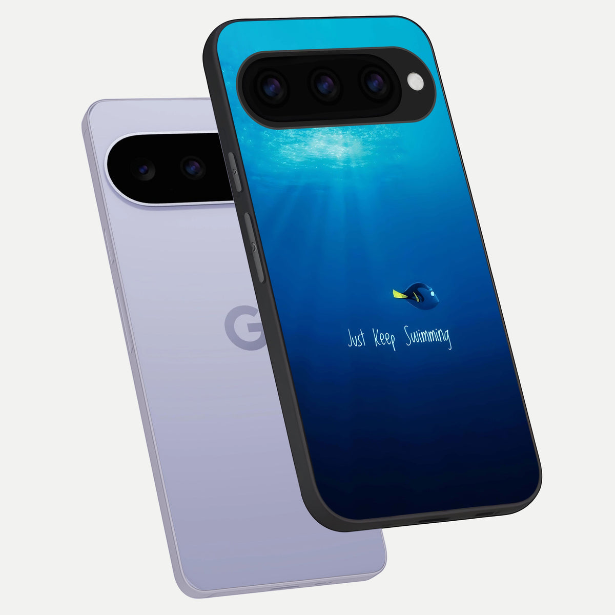  Just Keep Swimming phone case For Google Pixel 11 showing premium glass back cover with detailed artwork