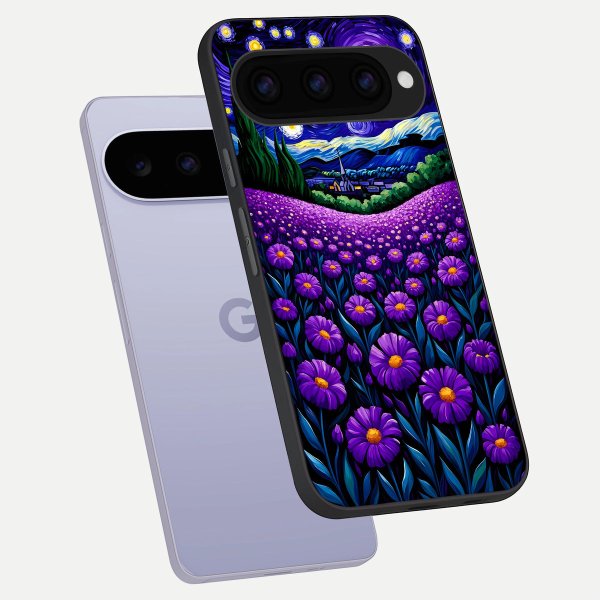  Lavender Moon Field phone case For Google Pixel 11 showing premium glass back cover with detailed artwork