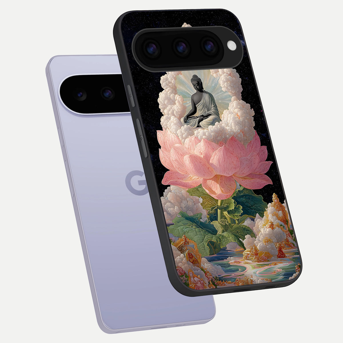  Lotus Divine Peace phone case For Google Pixel 11 showing premium glass back cover with detailed artwork