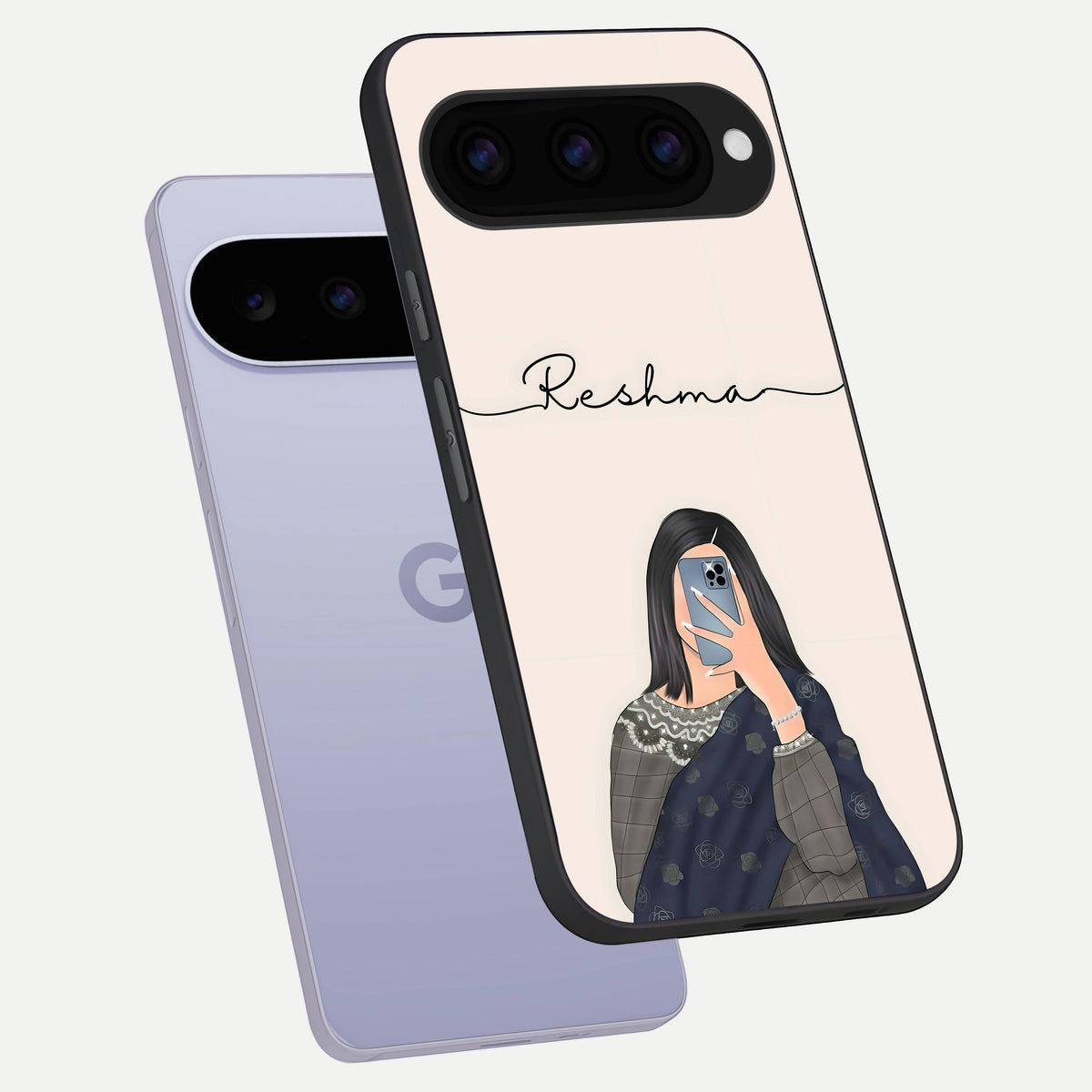  Mirror Mood Muse With Custom Name phone case For Google Pixel 11 showing premium glass back cover with detailed artwork